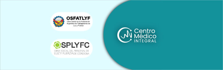 Logos de las obras sociales OSFATLyF y SPLYFC junto al logo del Centro Médico Integral Tancacha sobre fondo institucional